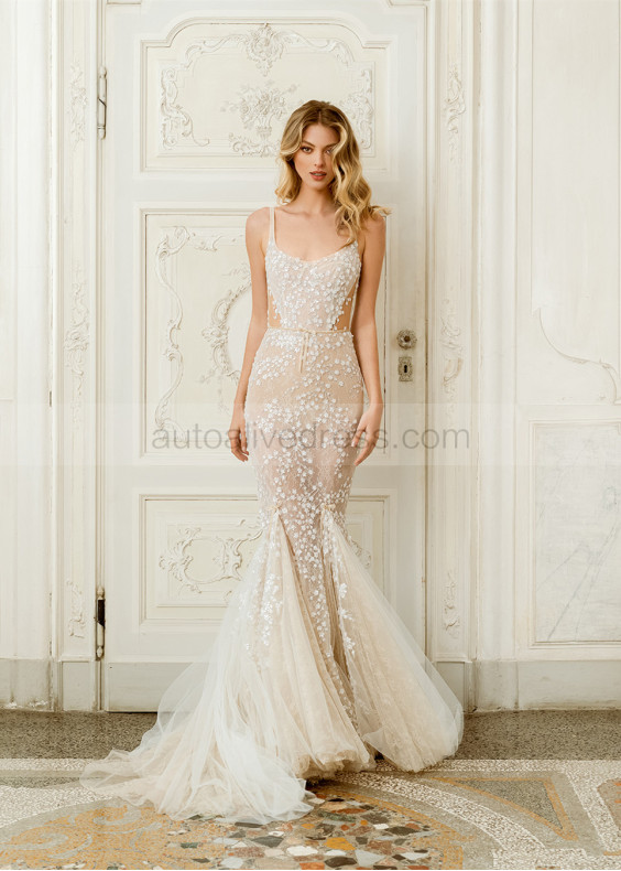 Sexy Ivory Sequined Lace Tulle Sparkly Wedding Dress